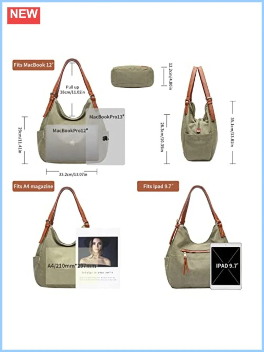 Canvas Hobo Purse Multi Pocket Tote Shopper Shoulder Bag Top Handle Handbag